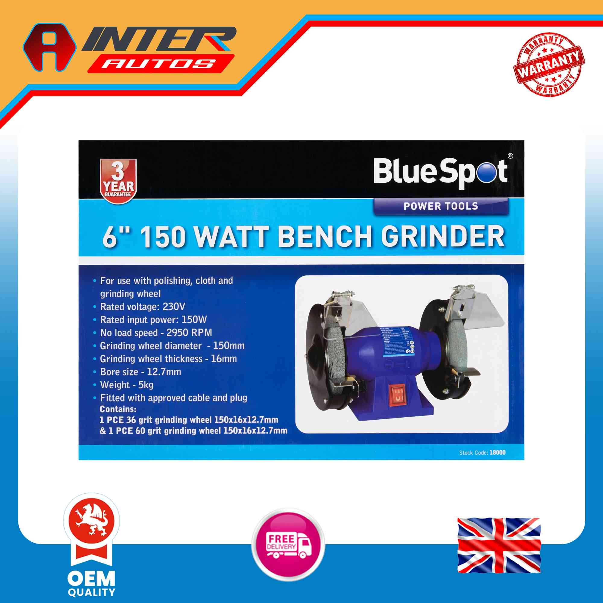 Blue Spot Tools 6″ 150 Watt Bench Grinder